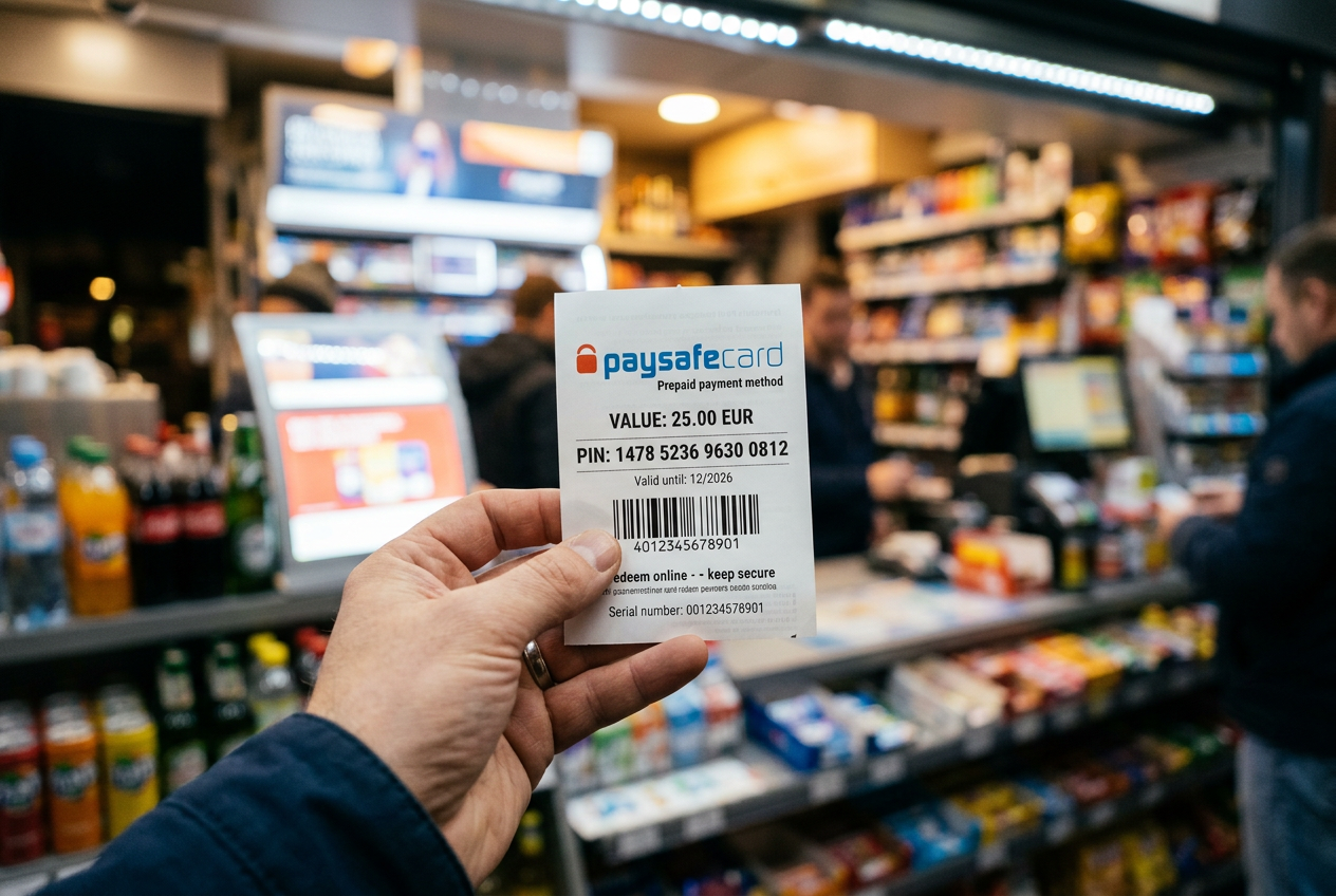 Fizyczny voucher Paysafecard trzymany w dłoni na tle jasnego wnętrza nowoczesnego punktu sprzedaży