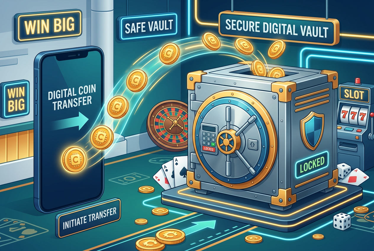 Infografika przedstawiająca proces bezpiecznego depozytu kryptowalut do portfela kasyna